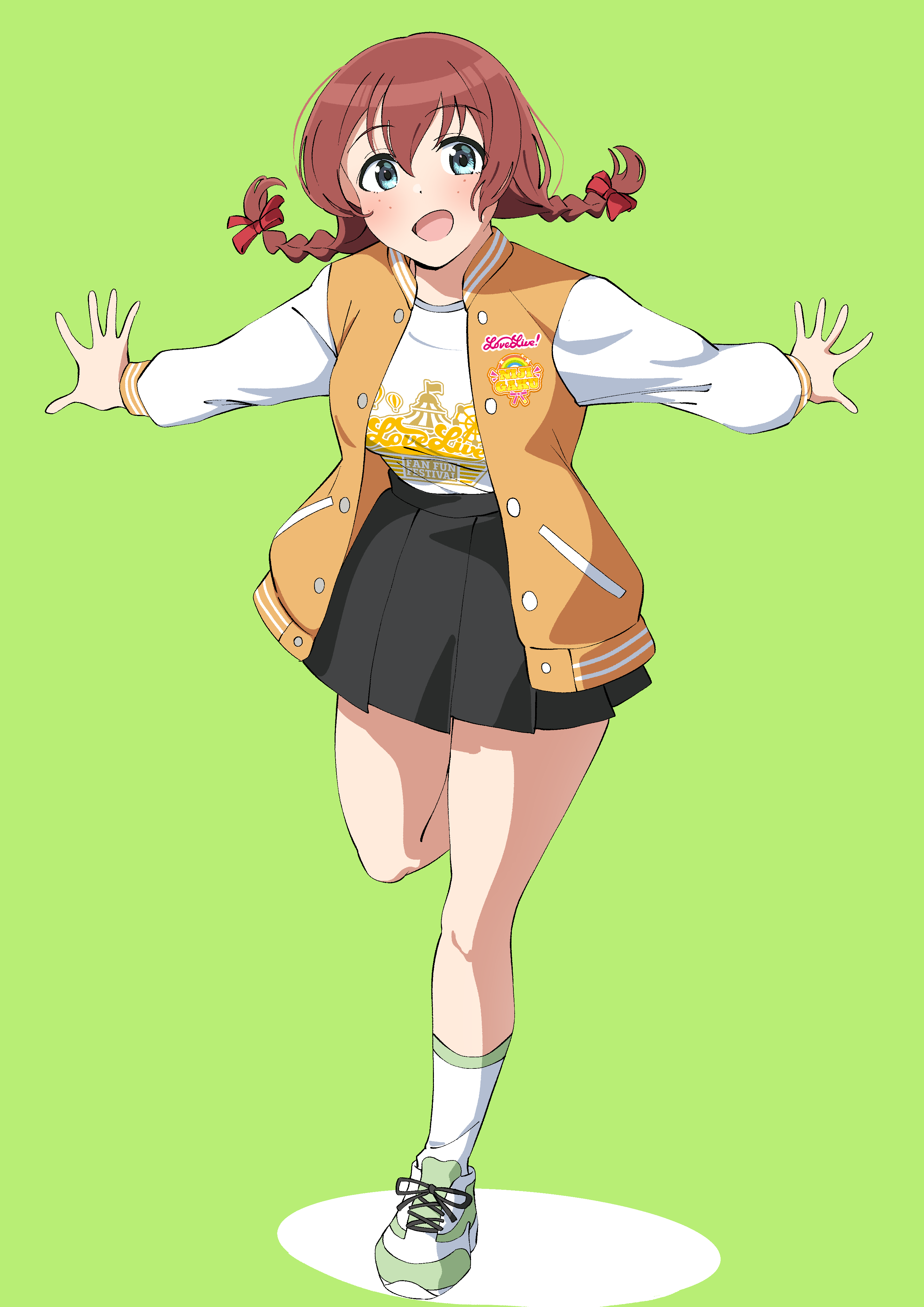 uchuu no mozuku, emma verde, love live!, love live! nijigasaki high school idol club, absurdres, highres, 1girl, :d, black skirt, blue eyes, bow, braid, breasts, brown hair, green background, hair between eyes, hair bow, jacket, large breasts, long sleeves, looking at viewer, low twin braids, open mouth, orange jacket, pleated skirt, red bow, shirt, shoes, sidelocks, simple background, skirt, smile, sneakers, solo, standing, standing on one leg, twin braids, white shirt