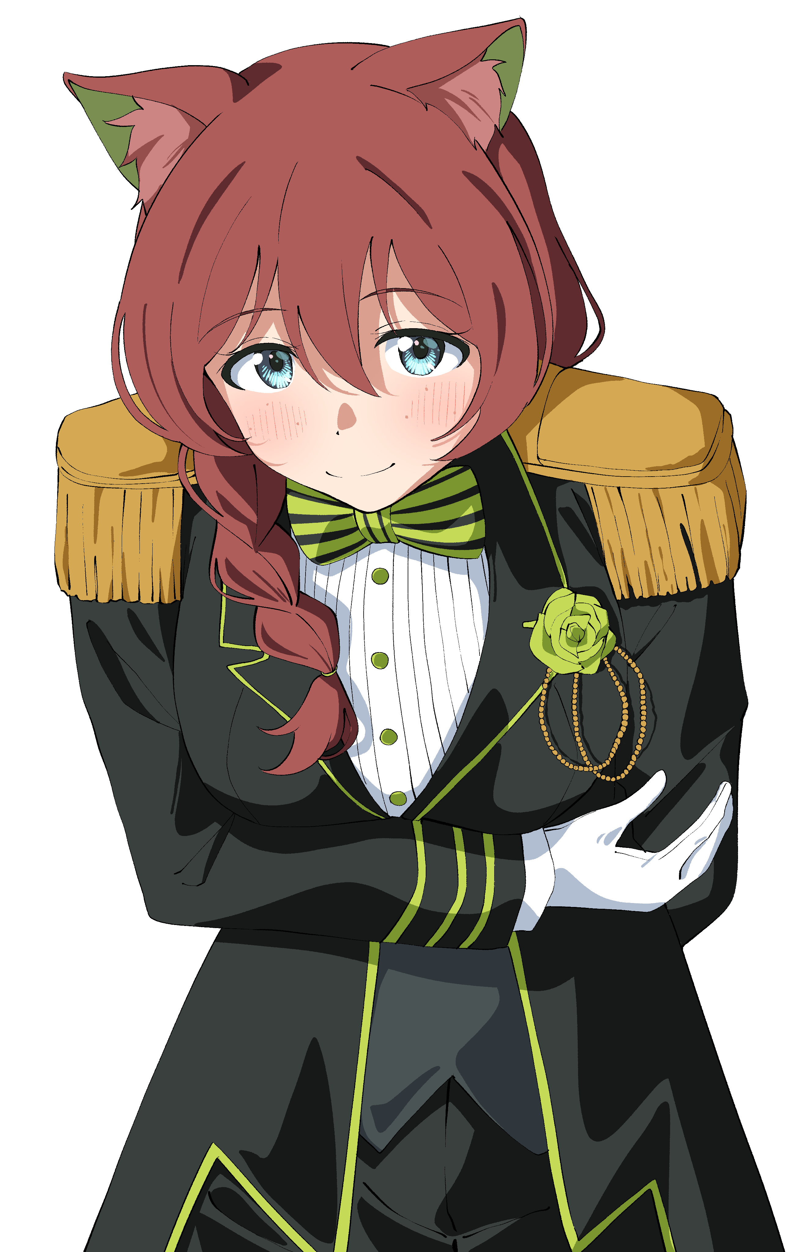 uchuu no mozuku, emma verde, love live!, love live! nijigasaki high school idol club, absurdres, highres, 1girl, animal ear fluff, animal ears, armor, black jacket, black vest, blue eyes, blush, bow, bowtie, braid, brown hair, flower, freckles, gloves, green bow, green bowtie, green flower, green rose, hair over shoulder, jacket, long sleeves, looking at viewer, pauldrons, rose, shirt, shoulder armor, simple background, smile, solo, striped bow, striped bowtie, striped clothes, upper body, vest, white background, white gloves, white shirt