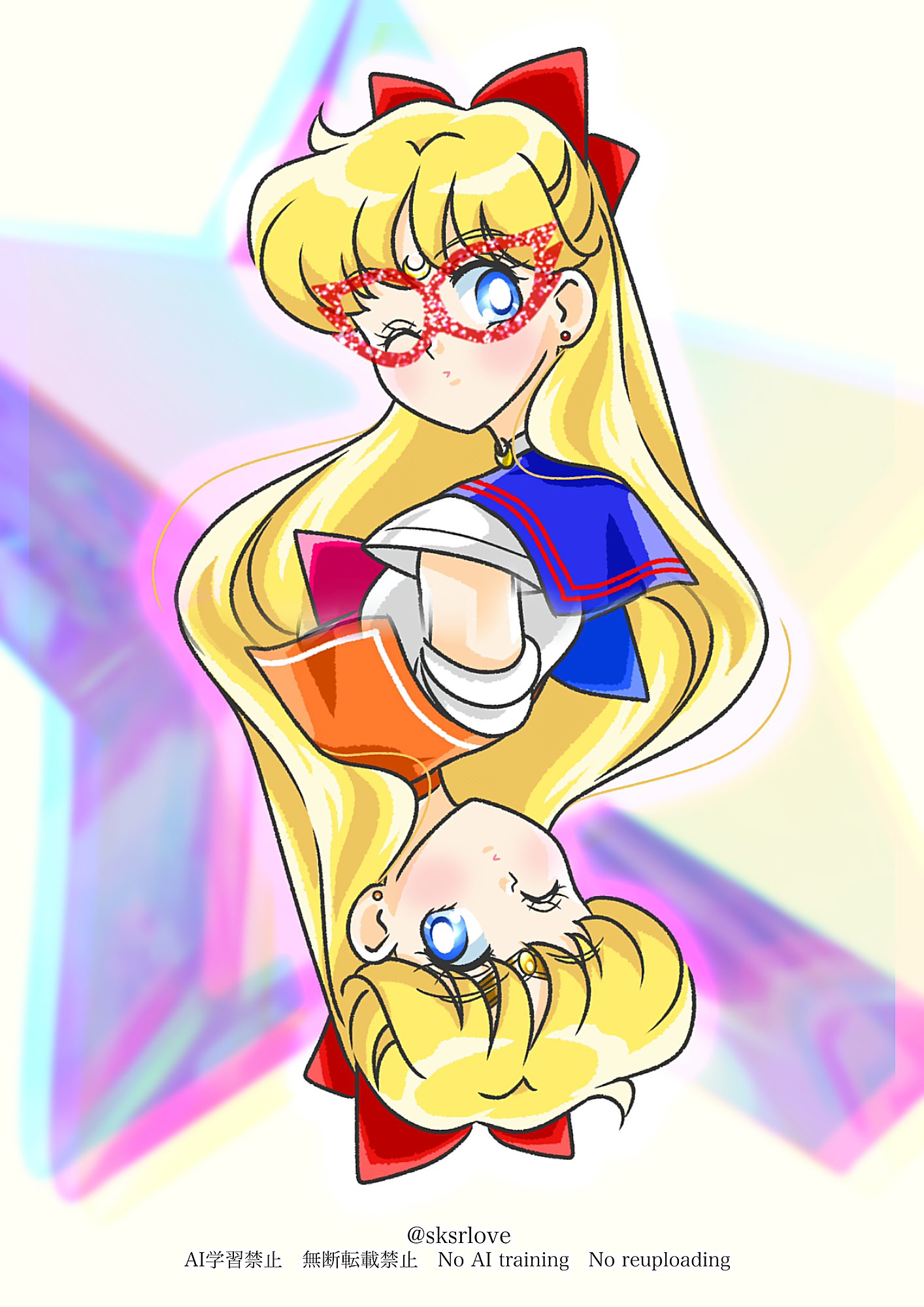 sksrlove, aino minako, sailor v, sailor venus, bishoujo senshi sailor moon, highres, blonde hair, blue sailor collar, blush, bow, choker, earrings, hair bow, jewelry, long hair, orange choker, orange sailor collar, red bow, sailor collar, stud earrings, swept bangs, white choker