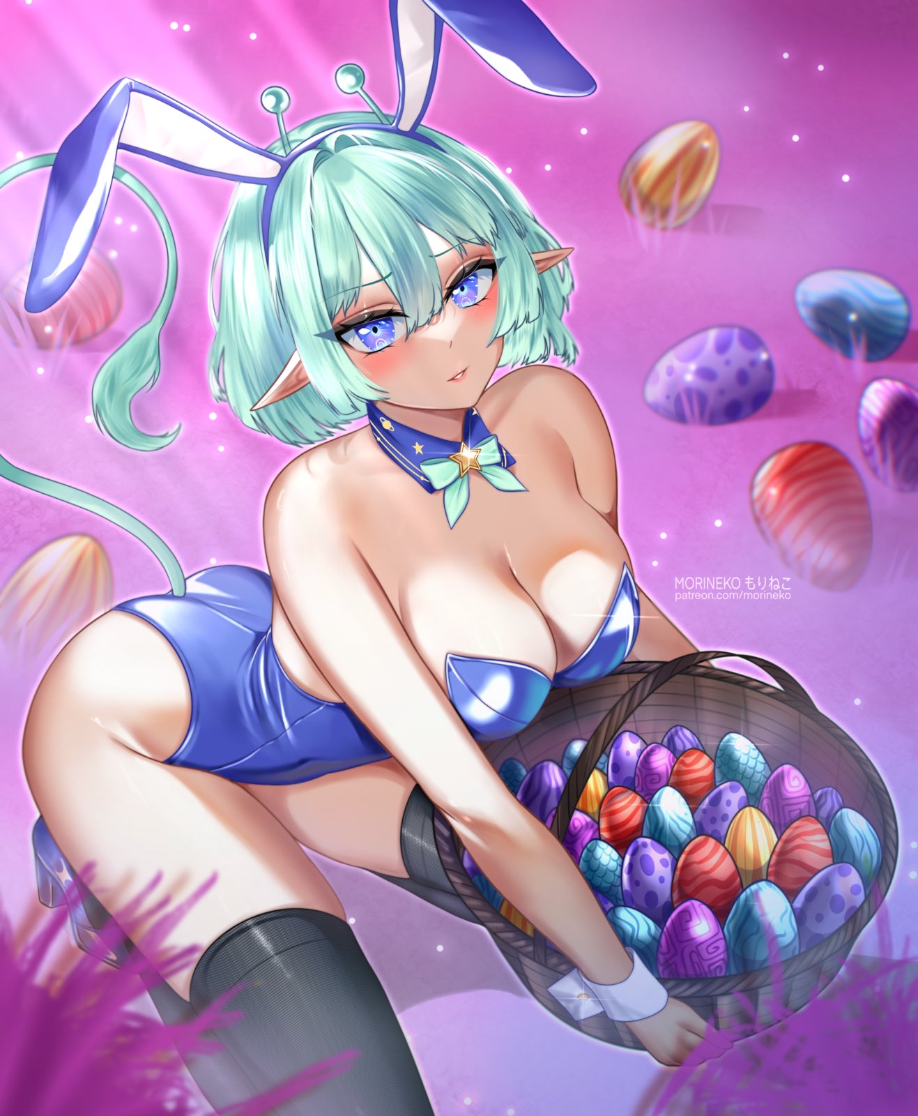 alien mixture, socks agency, 1girl, animal costume, antennae, egg, green hair, pointy ears, rabbit costume, tail