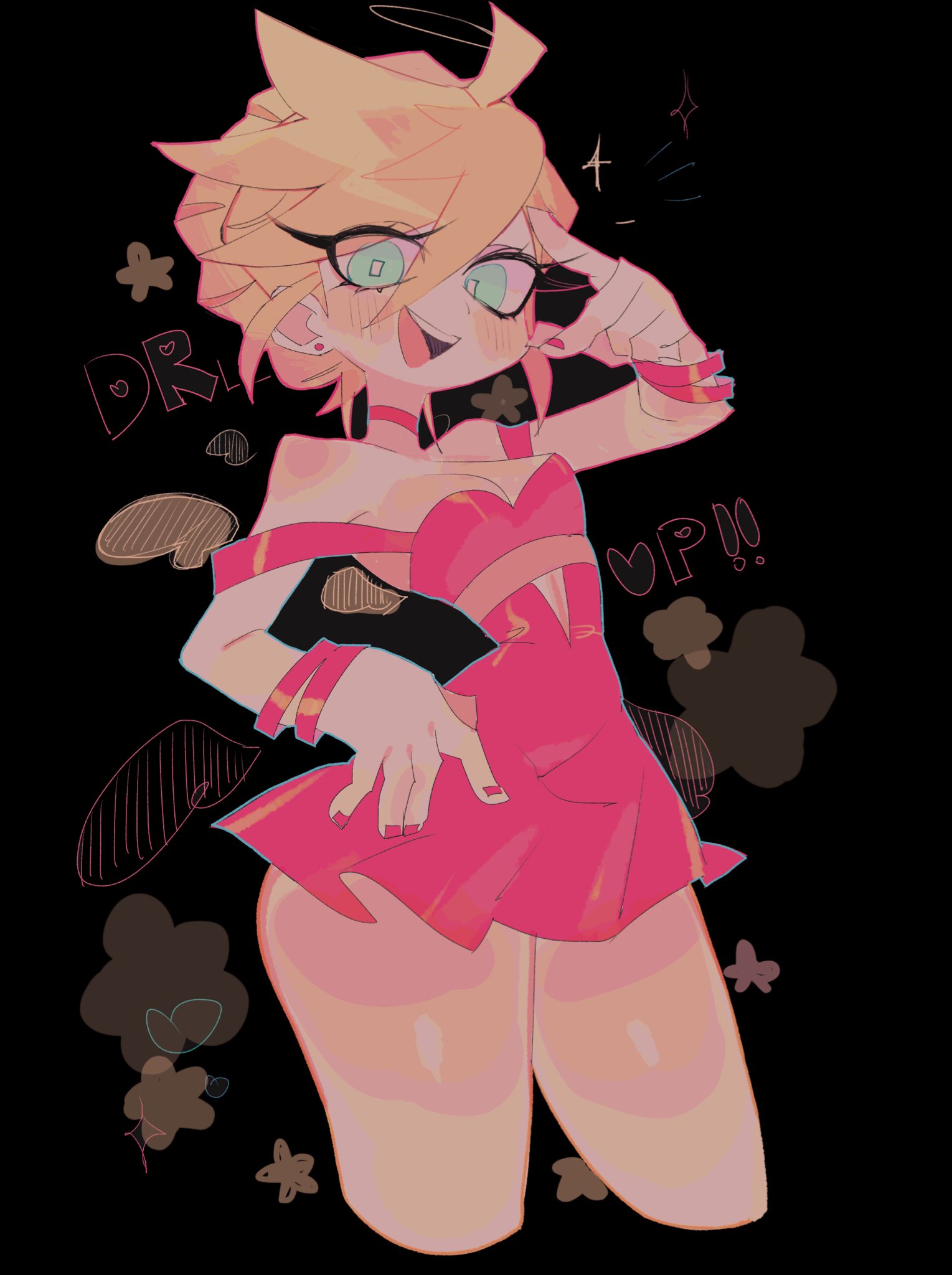 usa37107692, panty (psg), panty & stocking with garterbelt, commentary, english commentary, highres, 1girl, :d, ||/, ahoge, ass peek, bare shoulders, black background, blonde hair, bracelet, breasts, bright pupils, choker, cleavage, cropped legs, double-parted bangs, dress, earrings, frilled dress, frills, green eyes, hair behind ear, hair between eyes, hair bun, hand on own hip, heart, jewelry, looking at viewer, nail polish, off-shoulder dress, off shoulder, open mouth, rectangular pupils, red choker, red dress, red nails, short dress, short hair, simple background, single hair bun, small breasts, smile, solo, standing, star (symbol), star symbol background, stud earrings, teeth, tongue, upper teeth only, v, v over eye, white pupils