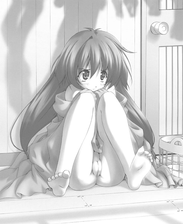 artist request, copyright request, 1girl, barefoot, blush, bottomless, cleft of venus, feet, female focus, greyscale, loli, monochrome, pussy, soles, solo, toes