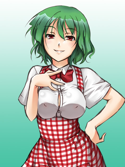 a utopia, hirase yuu, kazami yuuka, touhou, 1girl, apron, bow, bowtie, breasts, bursting breasts, cleavage, female focus, green hair, hand on another's chest, hand on own chest, hand on own hip, hip focus, impossible clothes, kobeya uniform, large breasts, plaid apron, plaid clothes, red eyes, short hair, smile, solo, waitress