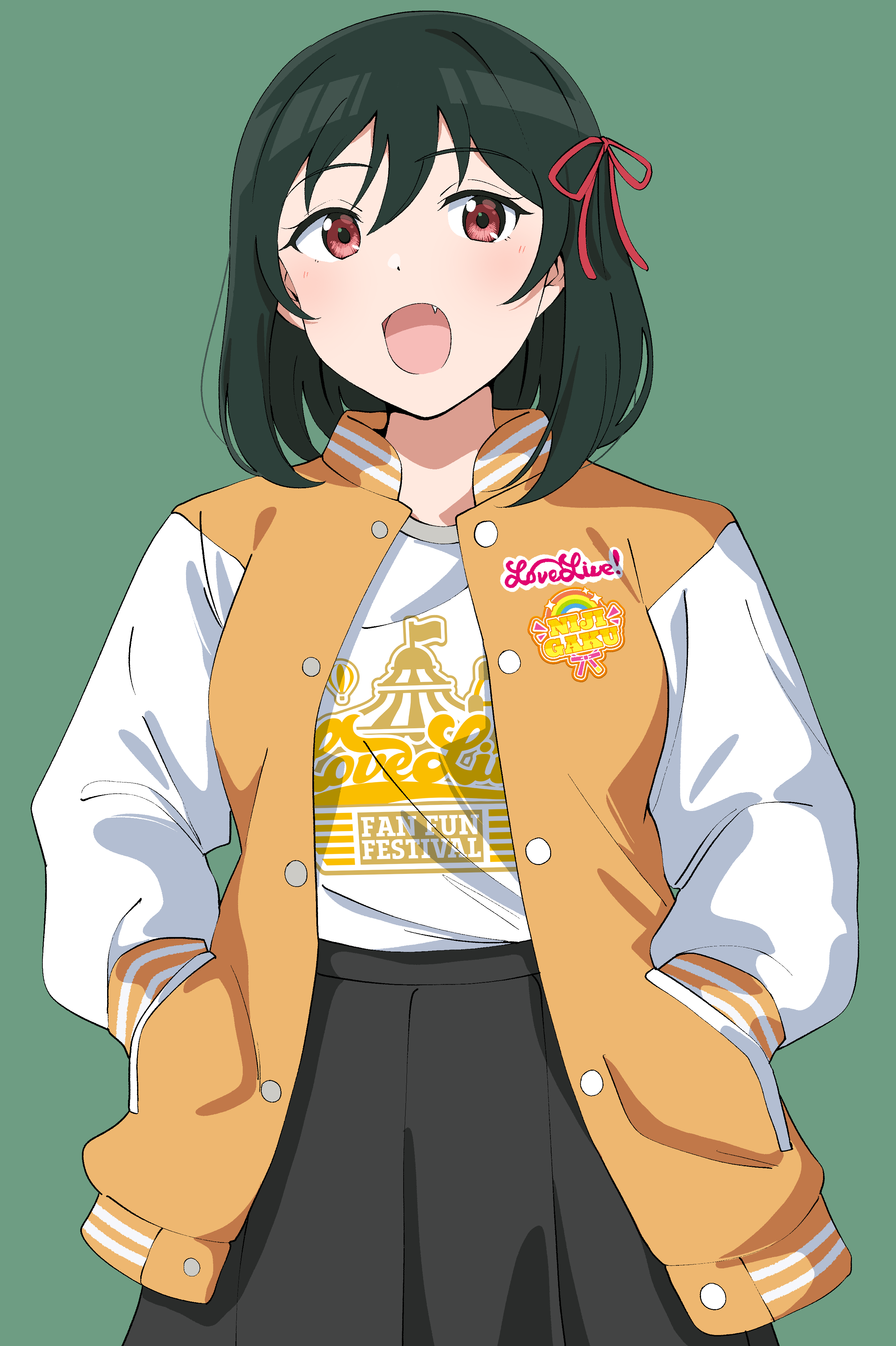 uchuu no mozuku, mifune shioriko, love live!, love live! nijigasaki high school idol club, absurdres, highres, 1girl, black hair, black skirt, blush, fang, green background, hair ribbon, hands in pockets, jacket, long sleeves, looking at viewer, multicolored jacket, open mouth, orange jacket, red eyes, red ribbon, ribbon, shirt, shirt tucked in, skirt, solo, standing, two-tone jacket, upper body, white jacket, white shirt