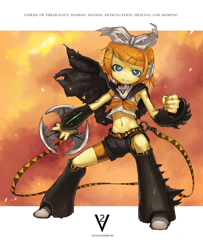 kikai (akita morgue), kagamine rin, vocaloid, 1girl, adapted costume, armor, armored boots, backlighting, belt, black boots, black cape, black shorts, blonde hair, boots, cape, clenched hand, female focus, fighting stance, full body, hair ribbon, headset, knee boots, legs apart, looking at viewer, navel, neckerchief, ribbon, school uniform, serafuku, short hair, shorts, sky, solo, spikes, standing, stomach, swept bangs, torn cape, torn clothes, weapon, white ribbon, yellow neckerchief