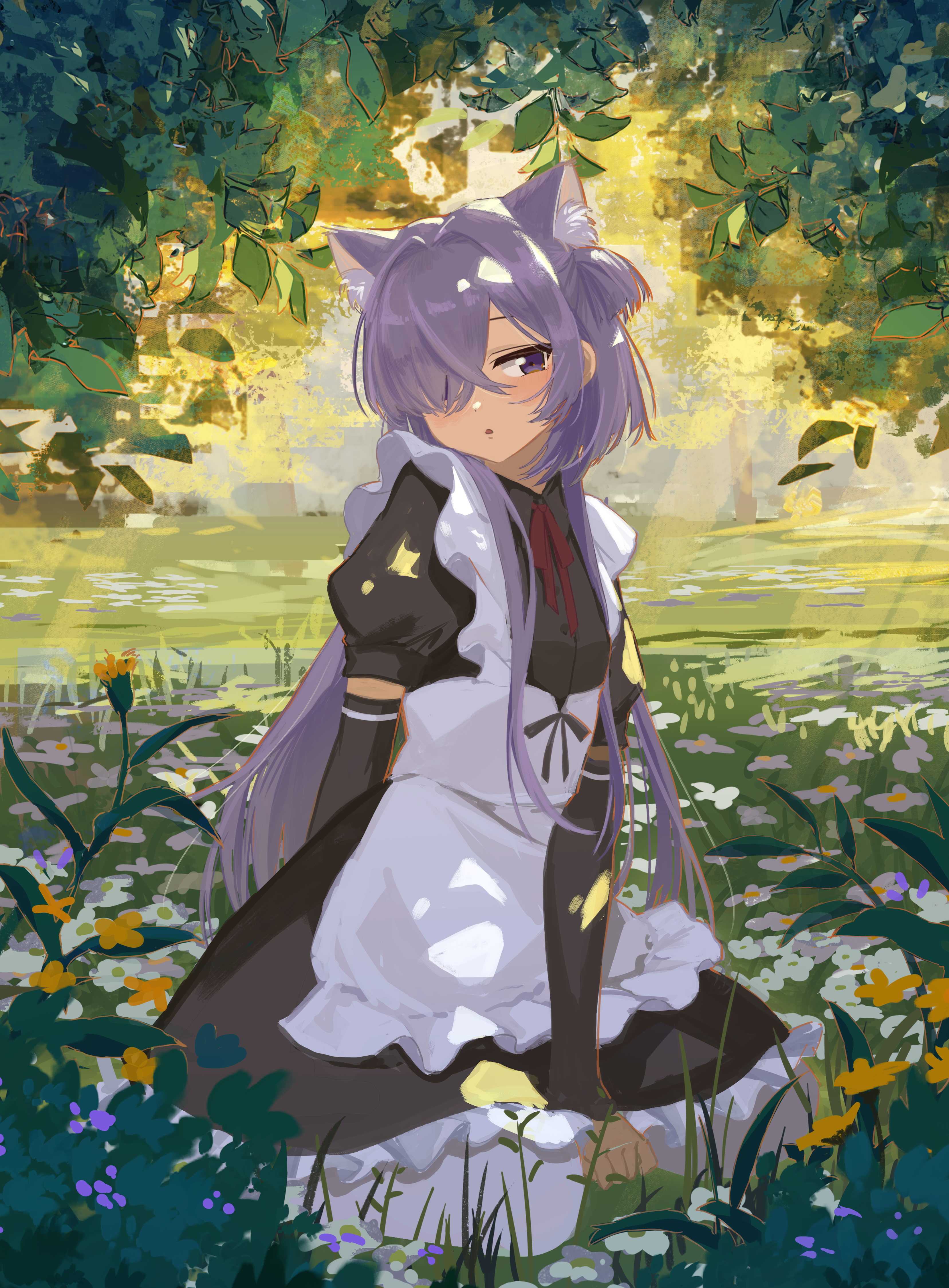 kgt (pixiv12957613), original, absurdres, highres, 1girl, animal ear fluff, animal ears, apron, black arm warmers, black dress, cat ears, cat girl, dress, flower, hair over one eye, maid, outdoors, pantyhose, purple eyes, purple hair, shade, solo, white apron, white flower, white pantyhose, yellow flower