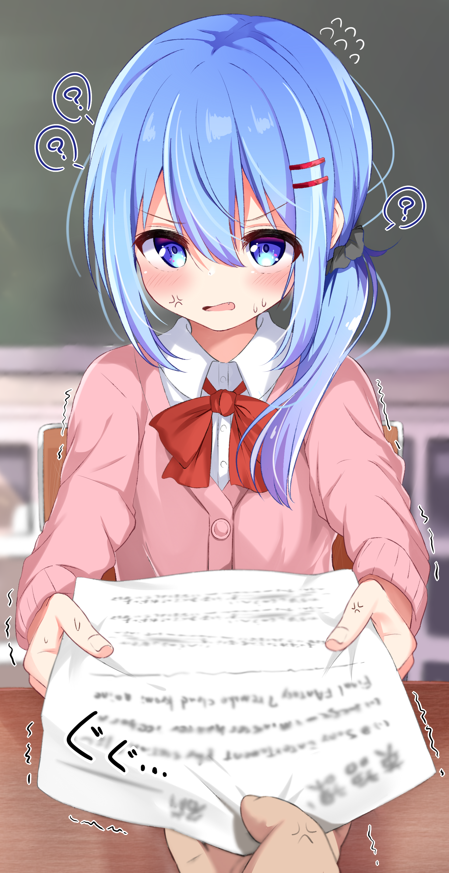 nagomi yayado, original, absurdres, highres, 1girl, ?, ai-generated art (topic), ai drawing cat in front of eye (meme), anger vein, annoyed, blue eyes, blush, bow, buttons, cardigan, chair, classroom, fighting, flustered, flying sweatdrops, furrowed brow, glaring, hair between eyes, hair ornament, hair scrunchie, holding, holding paper, komizu umika, looking at viewer, meme, motion lines, open mouth, paper, peanut mouth, pink cardigan, pink sweater, red bow, school uniform, scrunchie, serafuku, side ponytail, sidelocks, speech bubble, sweat, sweater, table, thought bubble, trembling