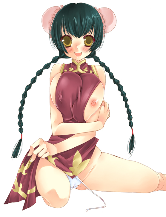wang liu mei, gundam, gundam 00, artist request, 00s, 1girl, braid, breasts, breasts squeezed together, bun cover, china dress, chinese clothes, dress, female focus, huge breasts, nipples, panties, simple background, solo, twin braids, underwear