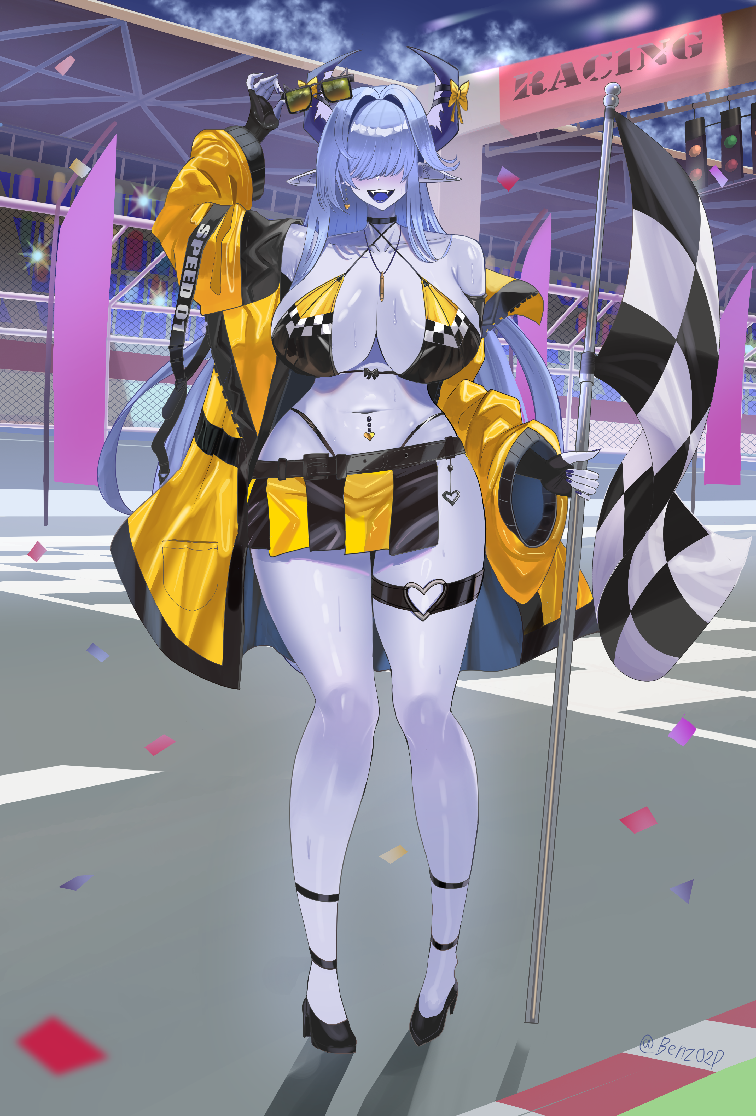 benz (rita29), absurdres, commission, highres, 1girl, bikini, black gloves, black jacket, black nails, black panties, black skirt, blue skin, bow, bowtie, breasts, checkered flag, clothes writing, colored skin, covered eyes, criss-cross halter, earrings, elbow gloves, fangs, fingerless gloves, fingernails, flag, gloves, hair intakes, hair over eyes, halterneck, heart, heart earrings, heart o-ring, high heels, highleg, highleg panties, holding, holding flag, horn bow, horn ornament, horns, jacket, jewelry, large breasts, long bangs, long fingernails, long hair, multicolored bikini, multicolored jacket, navel piercing, necklace, o-ring, o-ring thigh strap, outdoors, panties, piercing, pointy ears, purple horns, race flag, race queen, racetrack, sharp teeth, skirt, sky, sunglasses, sweat, swimsuit, teeth, thigh strap, tinted eyewear, two-tone jacket, two-tone skirt, underwear, upper teeth only, yellow-tinted eyewear, yellow bow, yellow jacket, yellow skirt