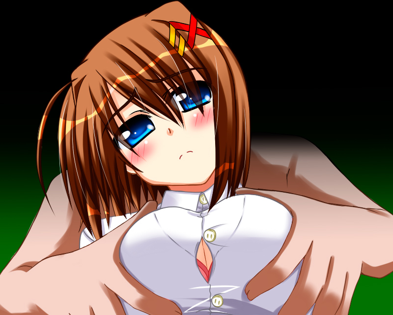 lask, yagami hayate, lyrical nanoha, mahou shoujo lyrical nanoha, mahou shoujo lyrical nanoha strikers, 00s, 1girl, blush, breasts, grabbing another's breast, groping, hair ornament, large breasts, solo focus, x hair ornament