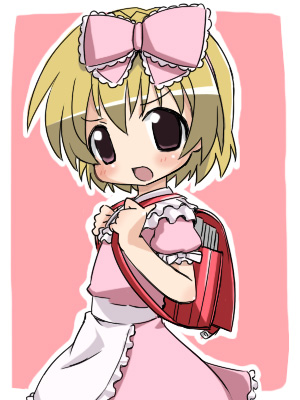 izuno kenta, houjou satoko, higurashi no naku koro ni, lowres, 00s, 1girl, backpack, bag, blonde hair, bow, female focus, pink bow, randoseru, solo