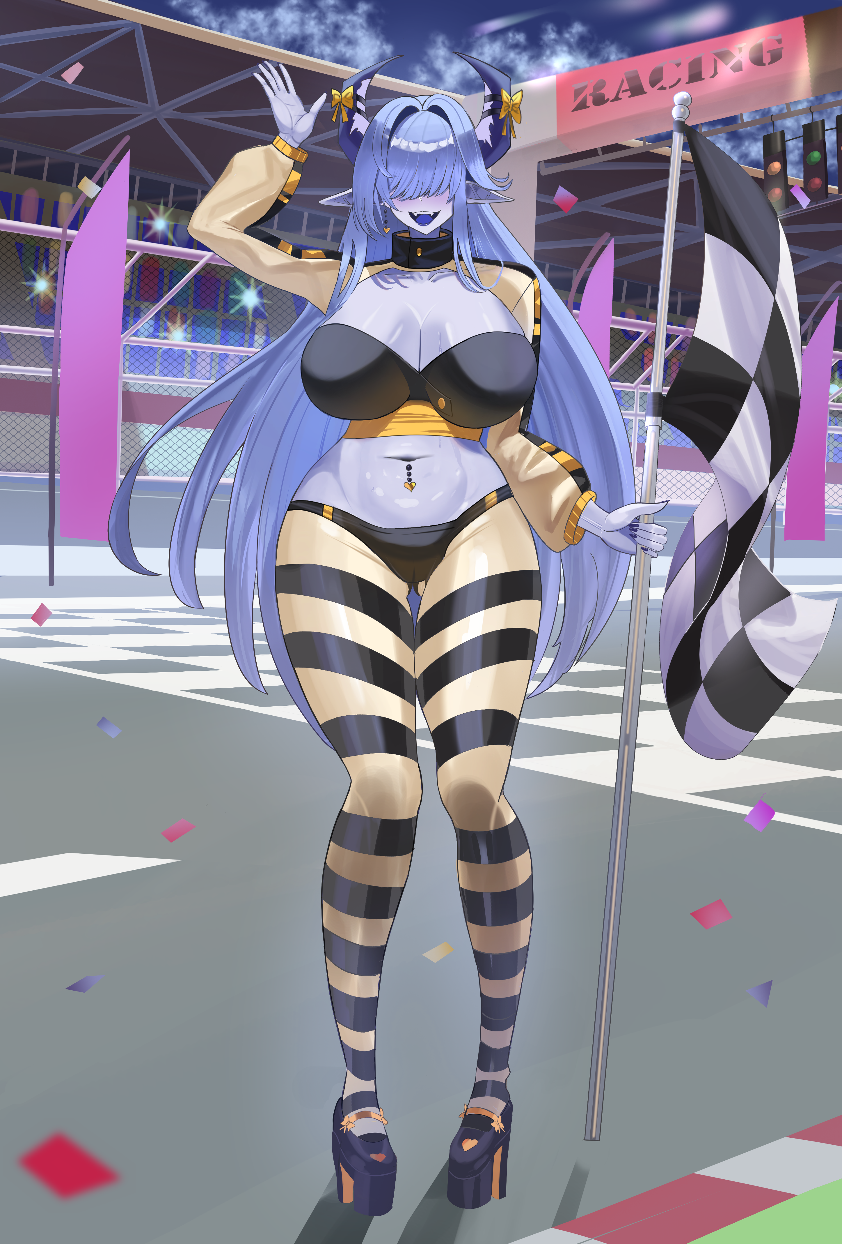 benz (rita29), original, absurdres, commission, highres, 1girl, bandeau, black bandeau, black nails, blue skin, bow, bowtie, breasts, checkered flag, colored skin, covered eyes, earrings, fangs, fingernails, flag, hair intakes, hair over eyes, heart, heart earrings, holding, holding flag, horn bow, horn ornament, horns, jewelry, large breasts, long bangs, long fingernails, long hair, multicolored pants, navel piercing, outdoors, pants, piercing, platform heels, pointy ears, purple horns, race flag, racetrack, sharp teeth, shrug (clothing), sky, striped clothes, striped pants, teeth, upper teeth only, yellow bow, yellow shrug