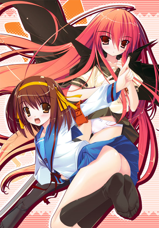 yuki usagi, alastor (shakugan no shana), shana, suzumiya haruhi, shakugan no shana, suzumiya haruhi no yuuutsu, 00s, 2girls, crossover, feet, kneehighs, multiple girls, no panties, no shoes, panties, pantyshot, red hair, socks, soles, thighhighs, toes, underwear