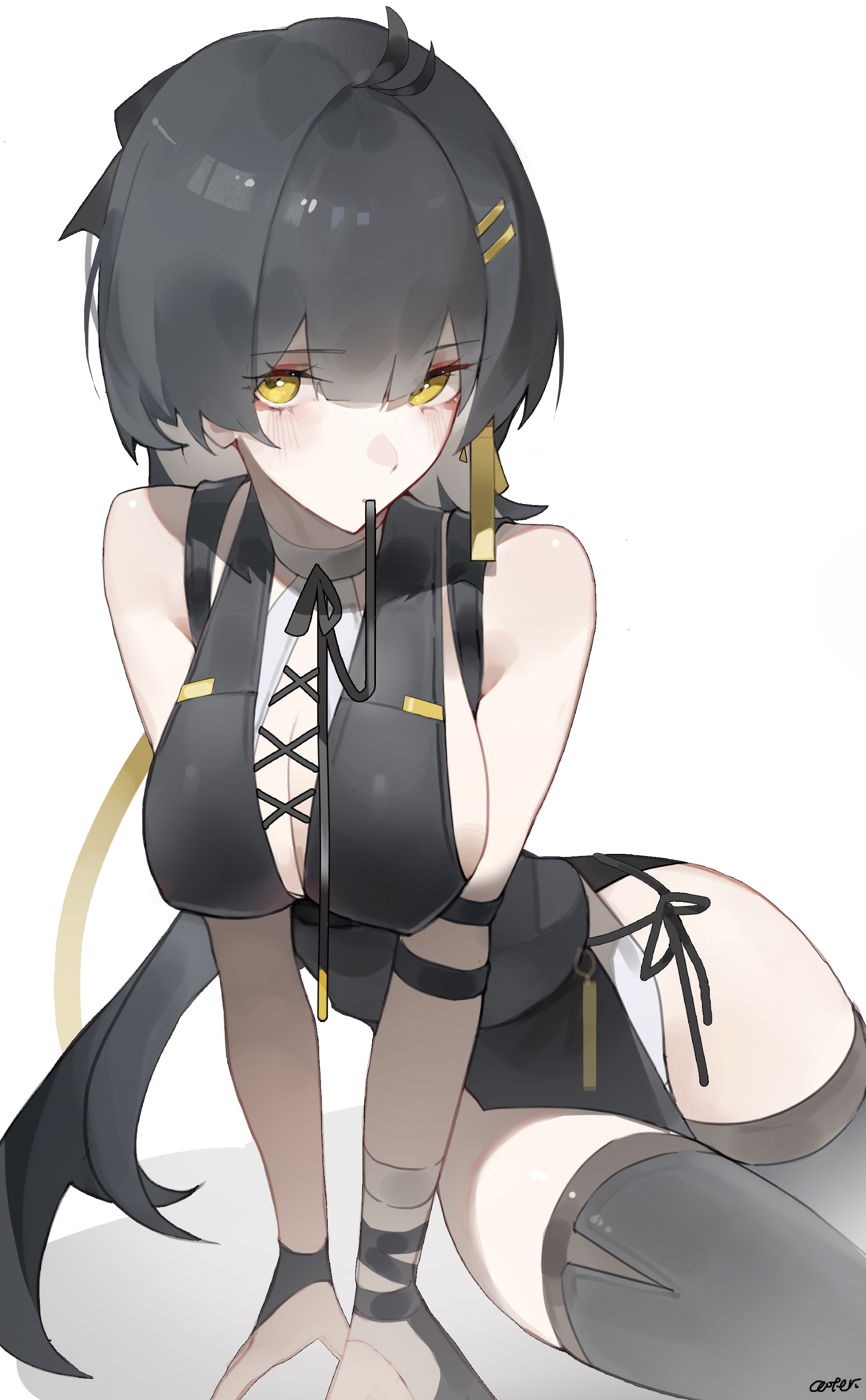 coteri, female rover (wuthering waves), rover (wuthering waves), wuthering waves, absurdres, commentary, highres, 1girl, artist name, black hair, black thighhighs, blush, breasts, cleavage, hair ornament, hairclip, long hair, looking at viewer, mouth hold, ribbon, ribbon in mouth, simple background, sitting, solo, thighhighs, white background, yellow eyes