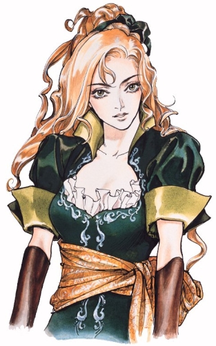 kojima ayami, maria renard, castlevania: symphony of the night, castlevania (series), konami, charcoal (medium), lowres, official art, oil painting (medium), painting (medium), traditional media, blonde hair, dress, frills, gloves, ribbon, solo, whip