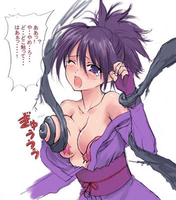 fujibayashi sheena, tales of (series), tales of symphonia, lowres, translation request, 00s, 1girl, blue eyes, blue hair, blush, breasts, female focus, fingerless gloves, gloves, grabbing another's breast, groping, purple eyes, purple hair, solo, squeezing, tears, torn clothes