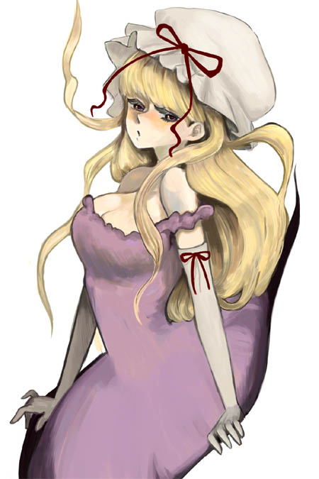 arcoiris, yakumo yukari, touhou, 1girl, breasts, dress, elbow gloves, female focus, gap (touhou), gloves, hat, simple background, solo, white background