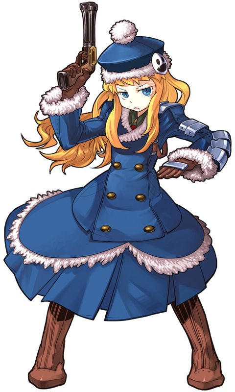 masn (moxi), gunner (sekaiju), gunner 2 (sekaiju), jack frost (megami tensei), atlus, etrian odyssey, 1girl, female focus, gun, handgun, hat, multiple-barrel gun, pistol, solo, weapon