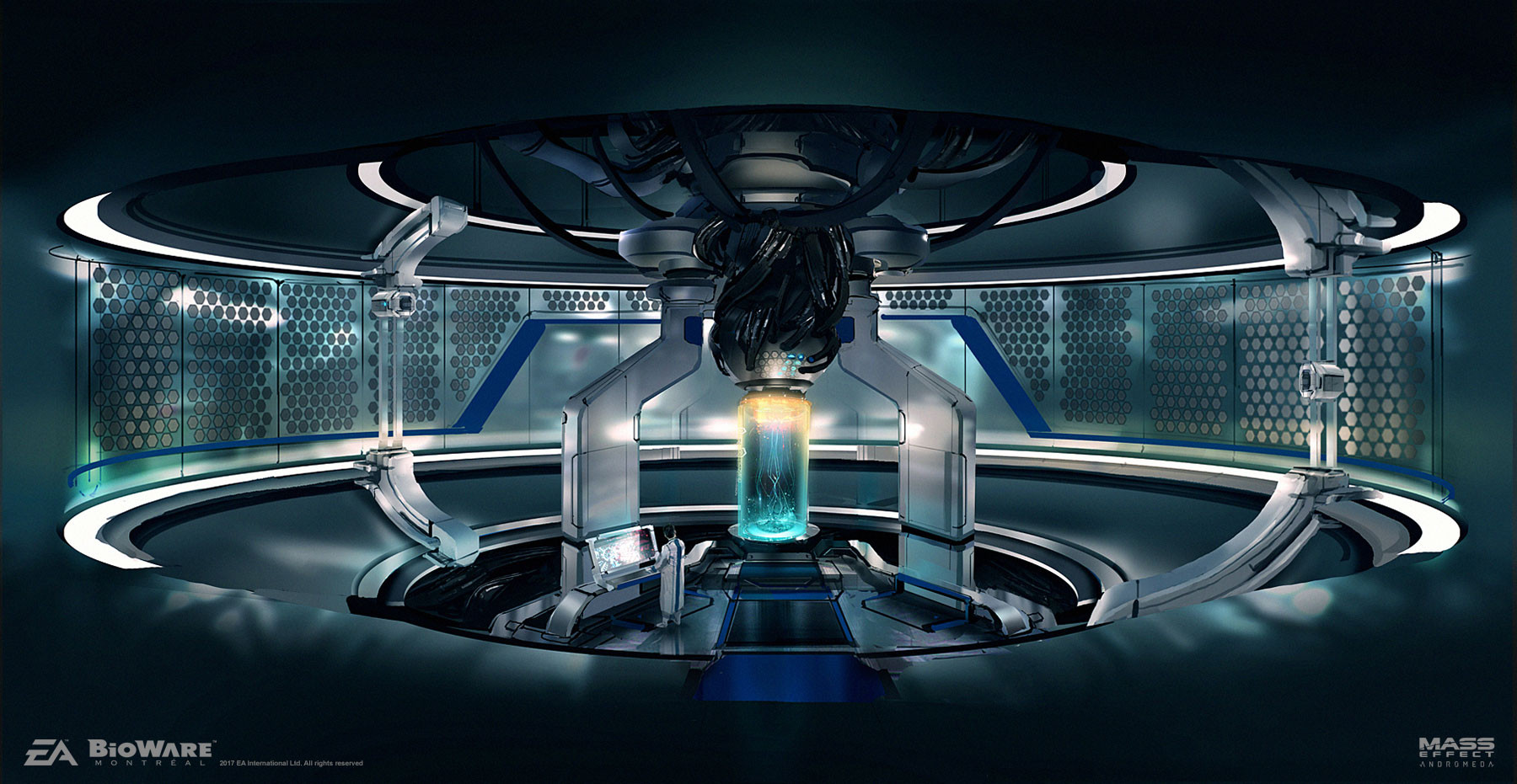 ben lo, mass effect (series), concept art, highres, 1other, cable, coat, core, full body, hexagon print, indoors, mini person, painterly, scenery, science fiction, scientist, solo, standing, white coat