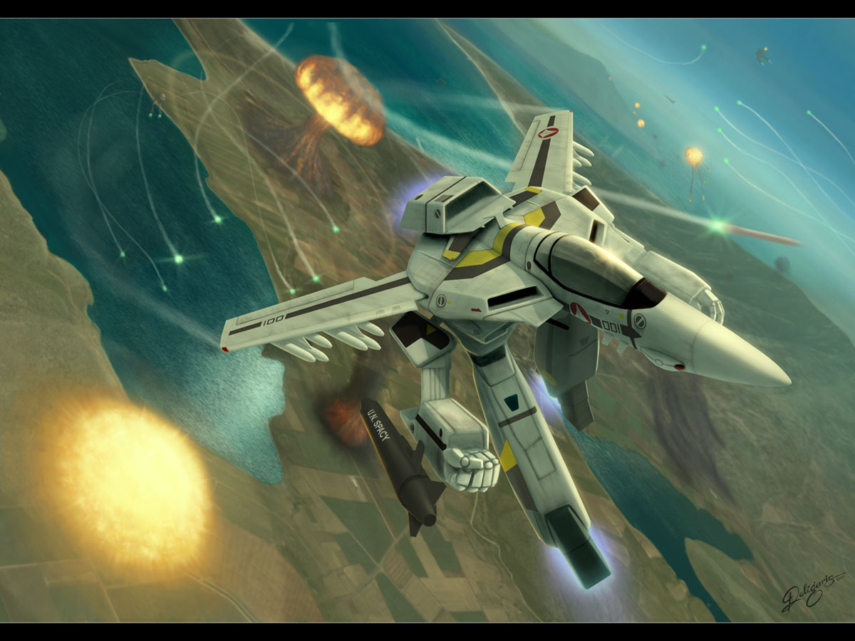 deligaris, vf-1, vf-1s, choujikuu yousai macross, macross, 1980s (style), battle, explosion, flying, gerwalk, gun, gunpod, itano circus, letterboxed, mecha, missile, oldschool, retro artstyle, robot, sky, valkyrie, weapon