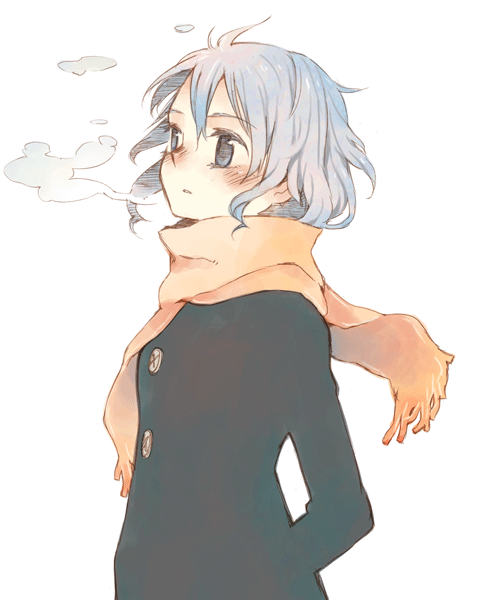 tobi (daidaikukan), original, 1girl, blue eyes, blue hair, breath, buttons, female focus, matching hair/eyes, orange scarf, scarf, simple background, solo