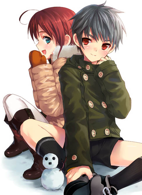 kasukabe akira, original, white legwear, ahoge, aqua eyes, black hair, black socks, boots, coat, kneehighs, mittens, pantyhose, red eyes, red hair, short hair, shorts, sitting, snowman, socks