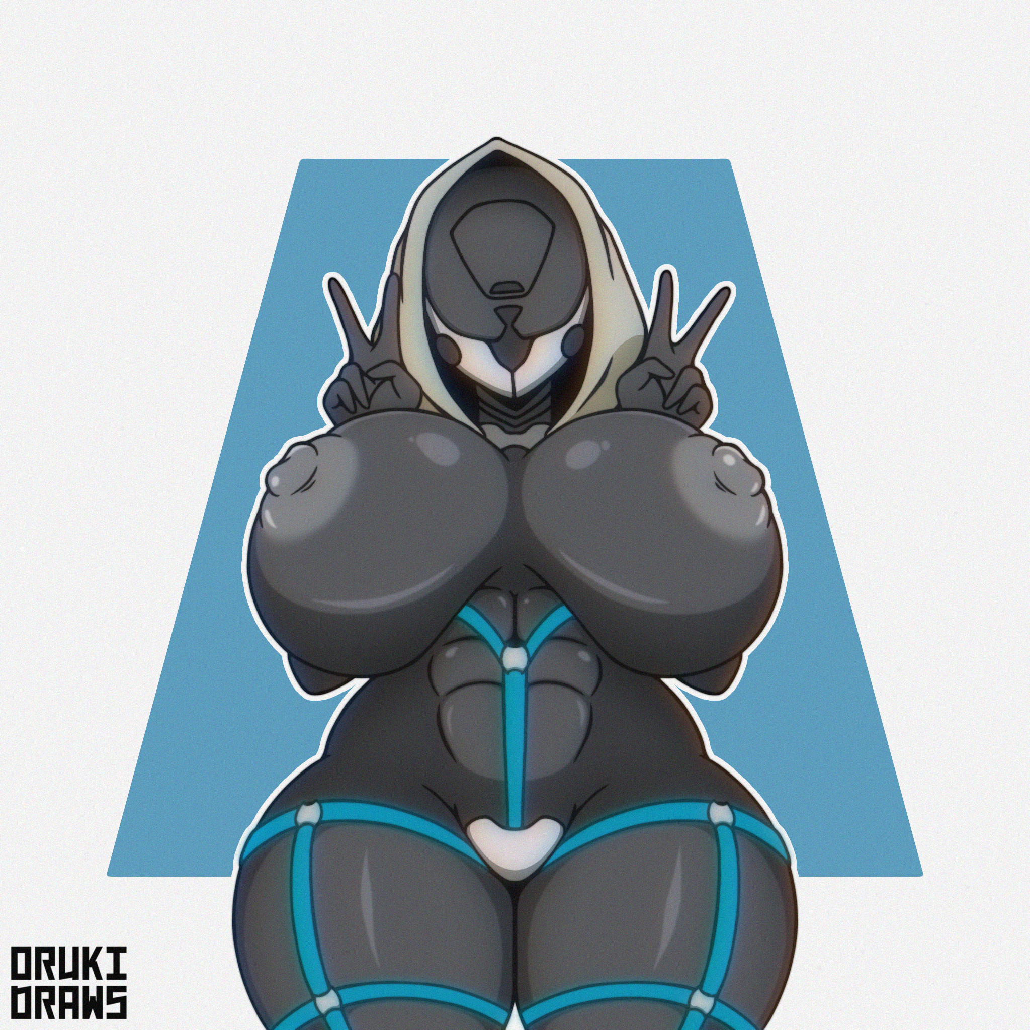 vigilant (exoprimal), exoprimal, highres, non-web source, 1girl, breast expansion, breasts, double v, huge breasts, nipples, orukidraws, robot girl, thick thighs, thigh strap, thighs, v