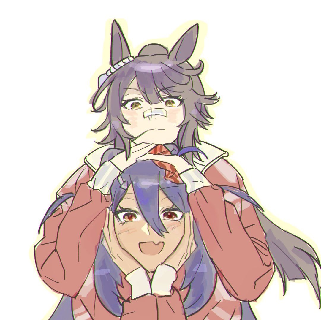 mado (71221497o), hishi amazon (umamusume), narita brian (umamusume), umamusume, commentary request, korean commentary, 2girls, :d, animal ears, bandaid, bandaid on face, bandaid on nose, behind another, black hair, blue hair, closed mouth, ear ornament, fang, hair between eyes, hands on another's head, hands on own cheeks, hands on own face, horse ears, horse girl, jacket, long hair, mouth hold, multiple girls, open mouth, outline, red eyes, red jacket, simple background, skin fang, smile, stalk in mouth, tracen training uniform, track jacket, white background, yellow eyes, yellow outline
