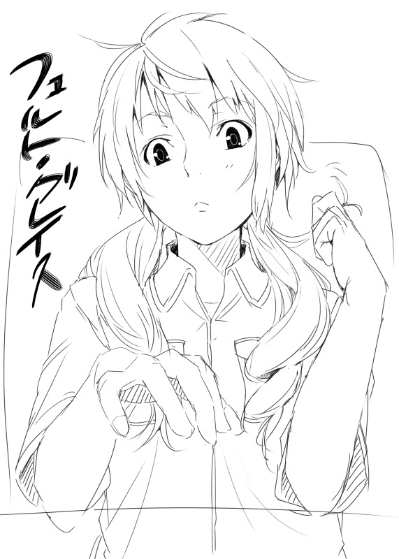 yamamoto enji, feldt grace, gundam, gundam 00, 00s, adjusting hair, greyscale, monochrome, twintails