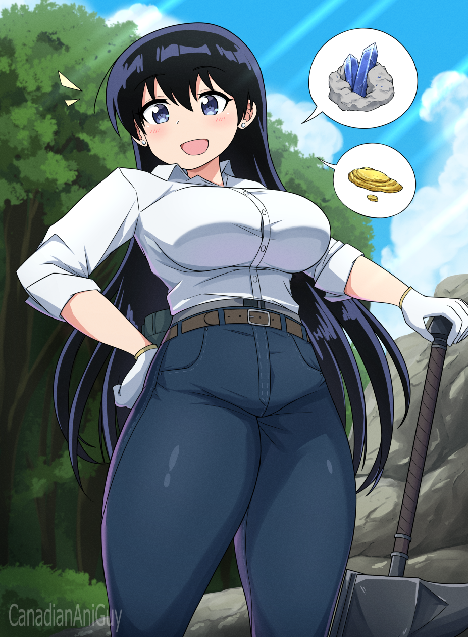 canadiananiguy, arato nagi, ruri no houseki, commentary request, highres, 1girl, :d, belt, black hair, blue gemstone, blue pants, blue sky, breasts, cloud, collared shirt, day, denim, ear piercing, earrings, forest, gem, gloves, gold, hammer, hand on own hip, jeans, jewelry, large breasts, nature, open mouth, outdoors, pants, piercing, purple eyes, shirt, shirt tucked in, sky, sleeves rolled up, smile, solo, spoken object, stud earrings, thick thighs, thighs, white gloves, white shirt