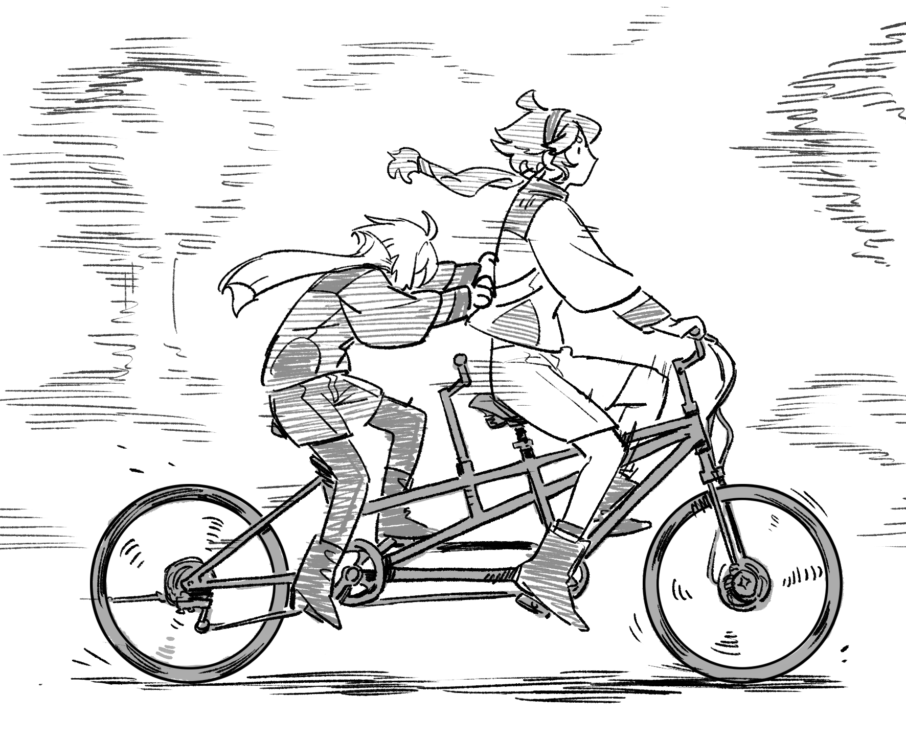nideaneng, miorine rembran, suletta mercury, gundam, gundam suisei no majo, highres, 2girls, ahoge, bicycle, clothes grab, couple, full body, greyscale, long hair, long sleeves, monochrome, multiple girls, pantyhose, riding, sitting, sketch, yuri
