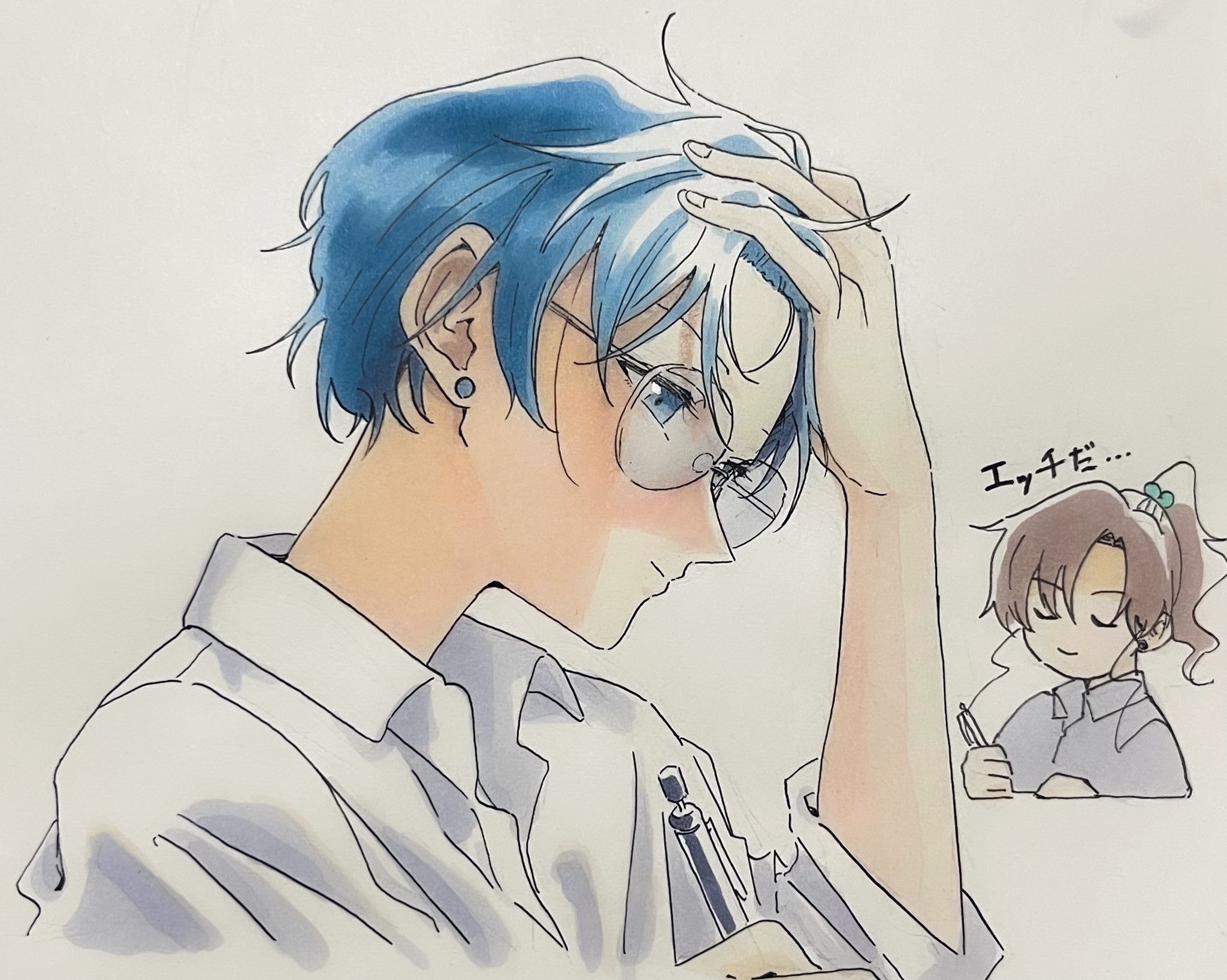 aribezi, kino makoto, mizuno ami, bishoujo senshi sailor moon, highres, 2girls, blue eyes, blue hair, brown hair, closed eyes, earrings, forehead, glasses, hair bobbles, hair ornament, jewelry, multiple girls, shirt, short hair, smile, stud earrings, tucking hair, white shirt, writing