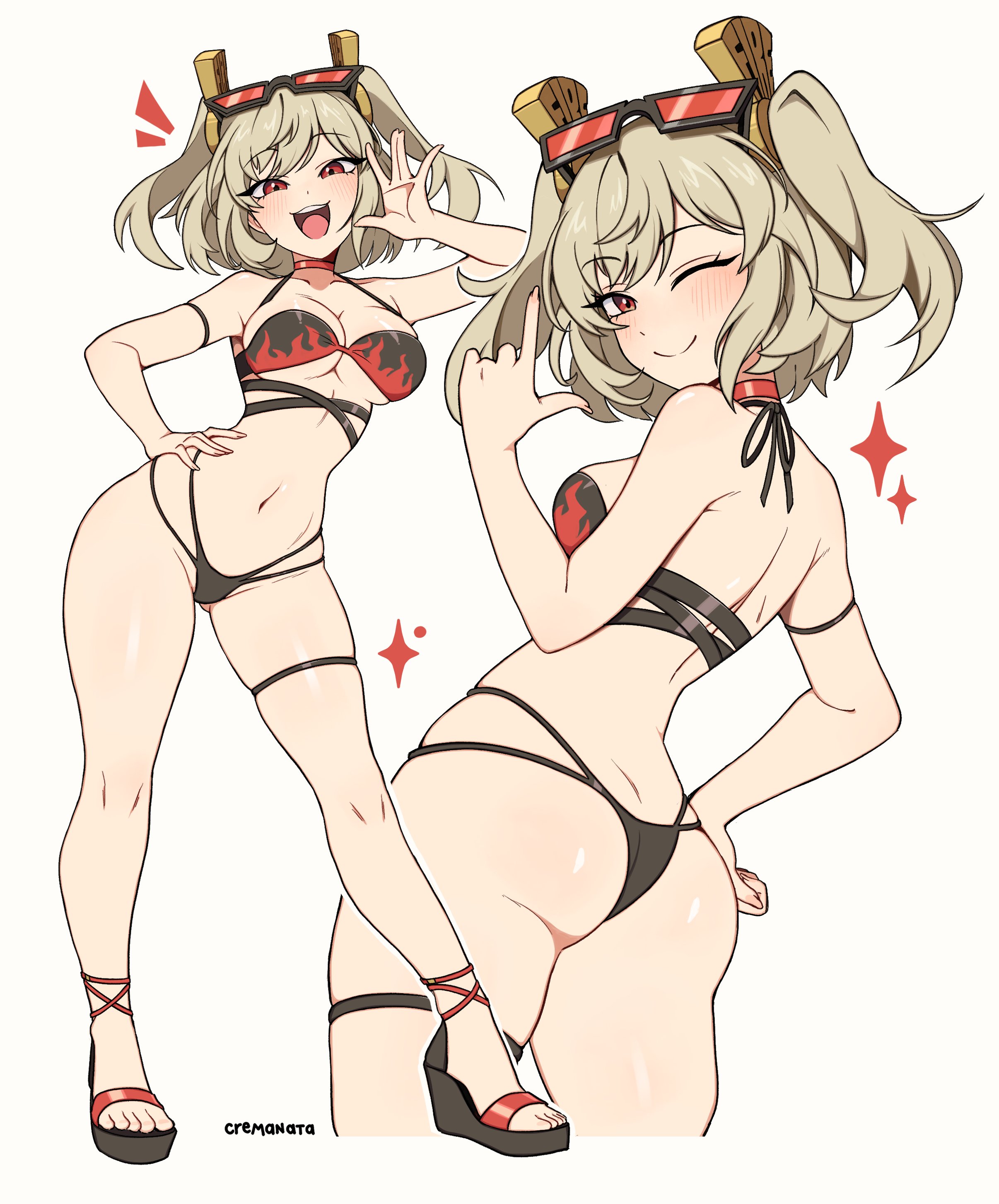 cremanata, burnice white, zenless zone zero, absurdres, commentary, english commentary, highres, 1girl, adapted costume, artist name, ass, bikini, black bikini, blonde hair, blush, breasts, burn scar, choker, cleavage, closed mouth, eyewear on head, flame print, front and back, full body, index finger raised, large breasts, looking at viewer, multiple views, one eye closed, outstretched hand, red choker, red eyes, scar, simple background, smile, solo, swimsuit, thigh strap, tinted eyewear, twintails, white background