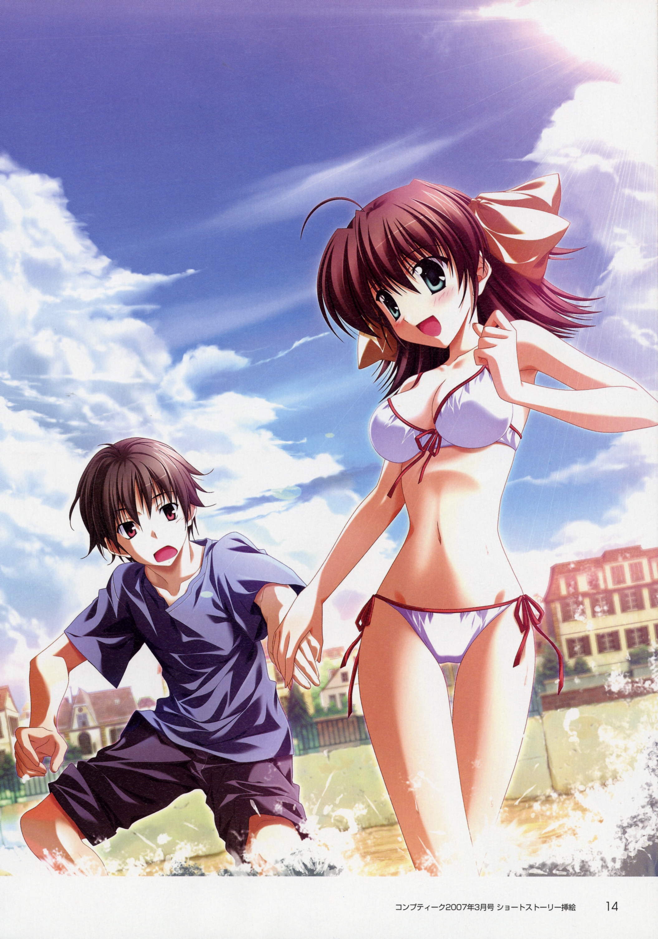 2c=galore, nanao naru, hirono hiro, miyamura miyako, ef (visual novel), absurdres, highres, scan, 00s, 1boy, 1girl, bikini, blush, bow, breasts, cleavage, cloud, day, front-tie top, hair bow, large breasts, midriff, outdoors, shirt, shorts, side-tie bikini bottom, sky, swimsuit, t-shirt, water