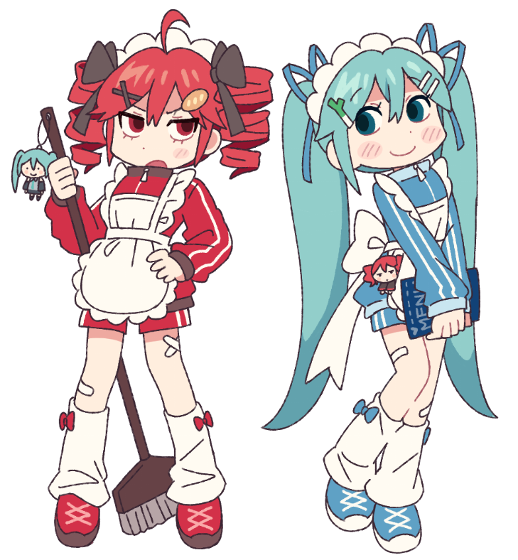 hatsune miku, kasane teto, utau, vocaloid, 2girls, ahoge, alternate costume, apron, aqua eyes, aqua hair, back ribbon, bandaid, bandaid on leg, blue track suit, blush, blush stickers, bow, broom, character charm, character doll, charm (object), danmi ( bunnycarrot), doll, drill hair, enmaided, frilled apron, frills, full body, hair between eyes, hair bow, hair ornament, hairpin, holding, holding broom, holding menu, jacket, leg warmers, long hair, long sleeves, looking at another, maid, maid apron, maid headdress, menu, multiple girls, multiple hair bows, multiple hairpins, open mouth, red eyes, red hair, red track suit, ribbon, shoes, shorts, single blush sticker, smile, sneakers, spring onion, standing, striped clothes, track suit, twin drills, twintails, unconventional maid, very long hair, waist apron, white apron, white background, white leg warmers, zipper