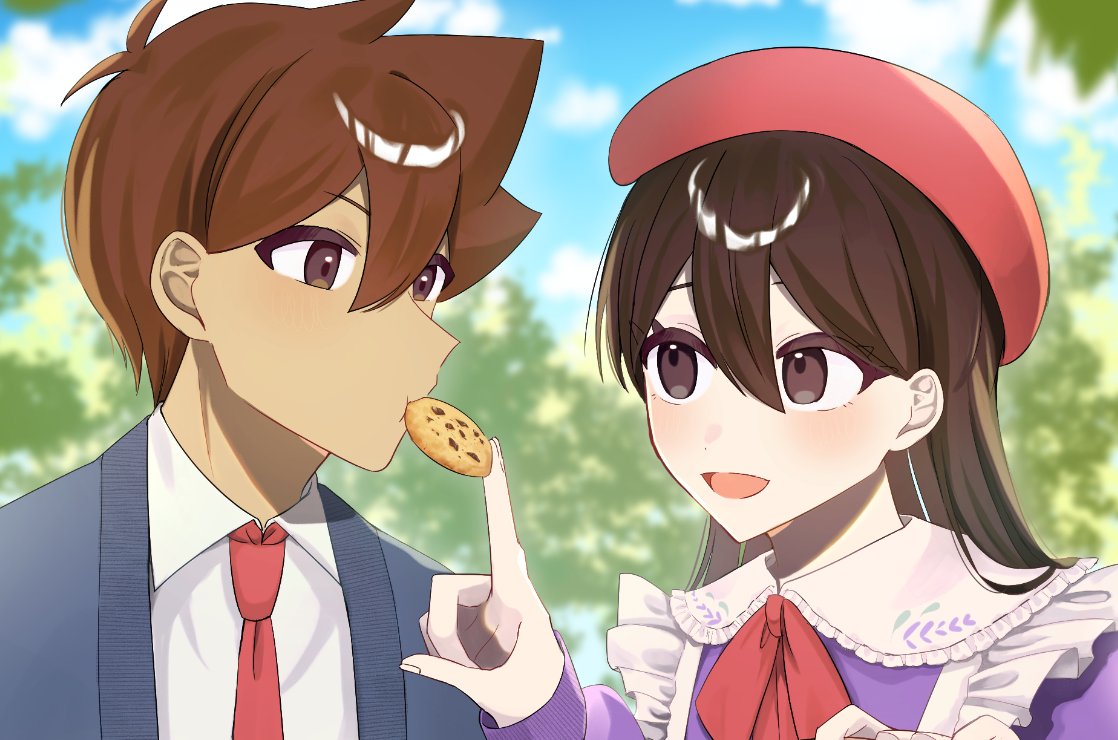 genk1zam4s, hero (faraway) (omori), hero (omori), mari (birthday) (omori), mari (faraway) (omori), mari (omori), omori, commentary, 1boy, 1girl, :d, antenna hair, apron, beret, black eyes, black hair, blue cardigan, blue sky, blurry, blurry background, blush, bow, bowtie, brown hair, cardigan, chocolate chip cookie, cloud, collared shirt, contrast collar, cookie, dark-skinned male, dark skin, day, double-parted bangs, eating, eyebrows hidden by hair, feeding, fingernails, food, frilled apron, frilled shirt collar, frills, hair behind ear, hair between eyes, hands up, hat, holding, holding cookie, holding food, long hair, long sleeves, looking at another, necktie, official alternate costume, open cardigan, open clothes, open mouth, outdoors, portrait, prototype design, puffy long sleeves, puffy sleeves, red bow, red bowtie, red hat, red necktie, shirt, short hair, sky, smile, straight hair, tongue, tree, white shirt