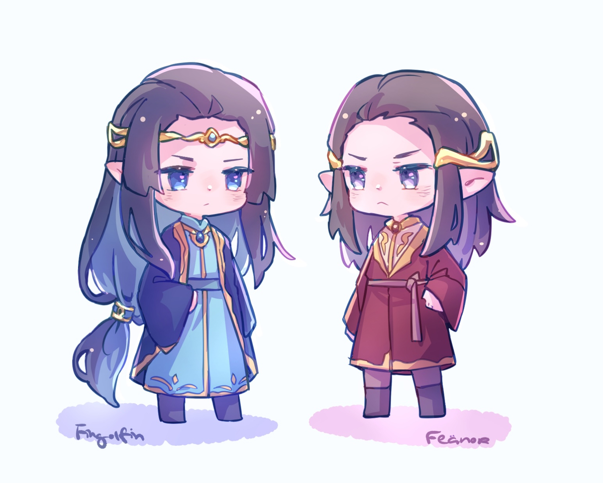 pixiv id 3305855, feanor, fingolfin, the silmarillion, tolkien's legendarium, 2boys, blue eyes, brothers, chibi, circlet, closed mouth, elf, full body, gem, jewelry, long hair, looking at another, low ponytail, male focus, multiple boys, pointy ears, ponytail, robe, siblings, simple background