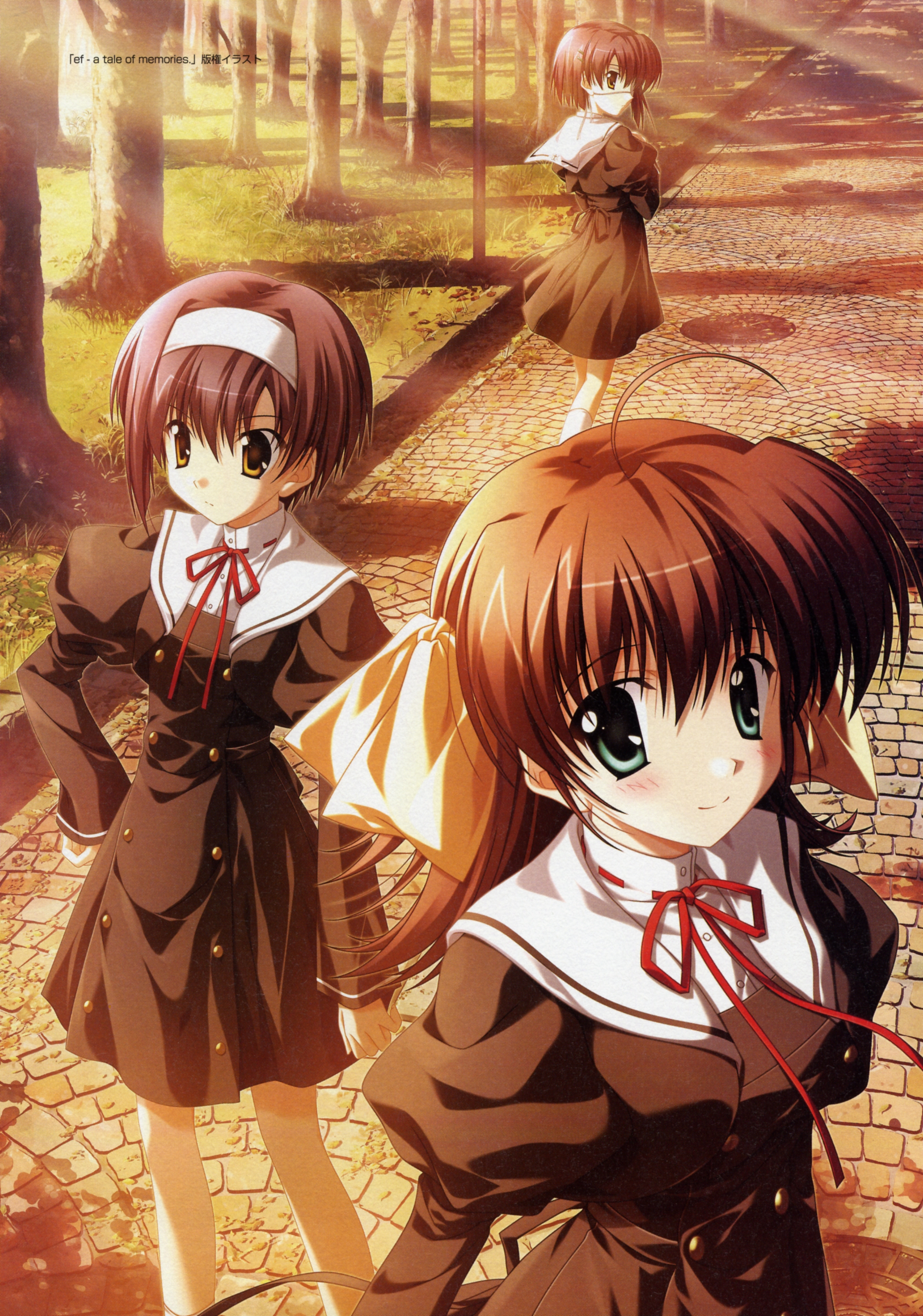 nanao naru, miyamura miyako, shindou chihiro, shindou kei (ef), ef (visual novel), absurdres, highres, scan, 00s, 3girls, eyepatch, multiple girls, school uniform, serafuku, siblings, sisters, twins