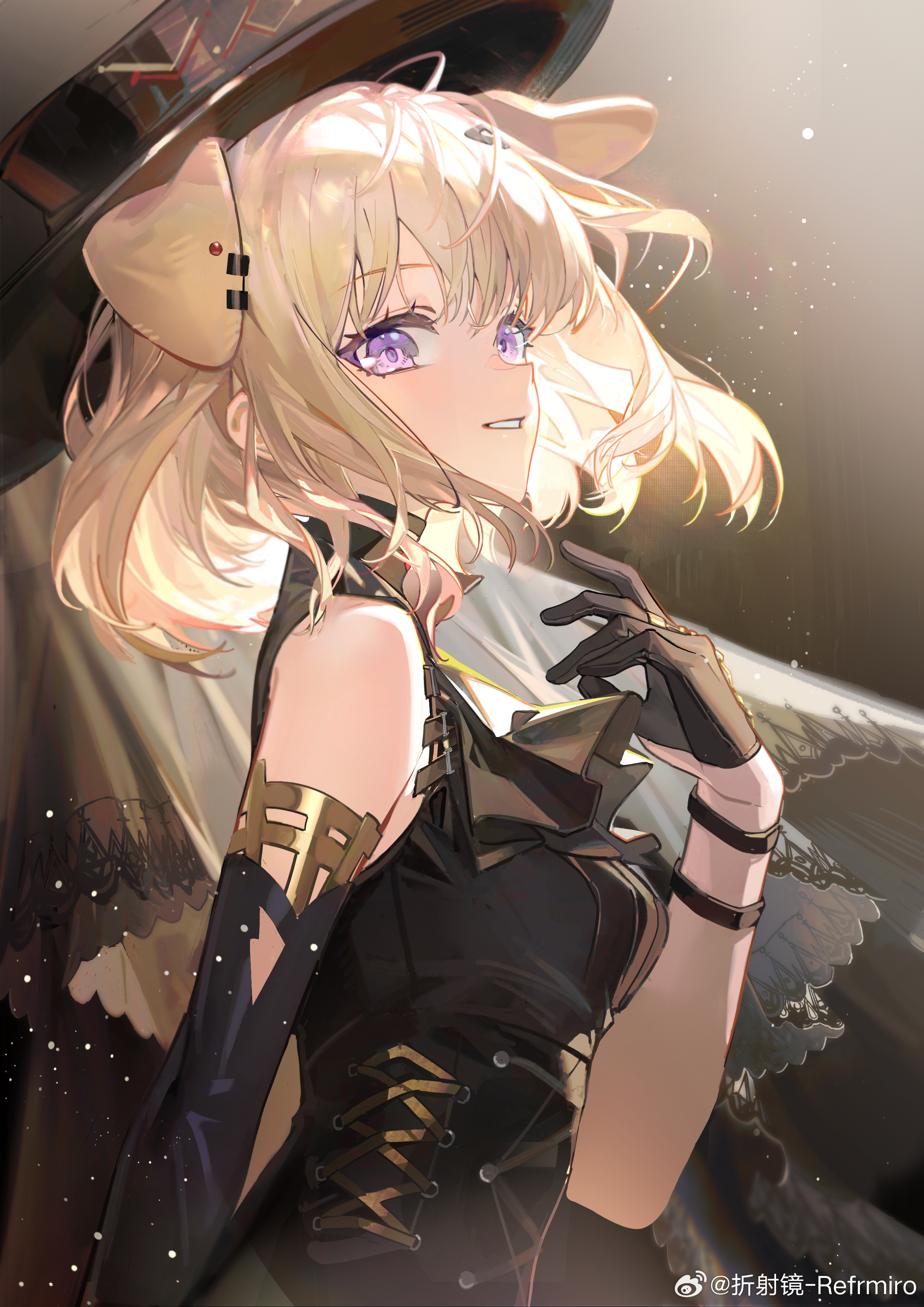 zheshe jing, misumi uika, arknights, bang dream!, bang dream! it's mygo!!!!!, absurdres, chinese commentary, commentary request, highres, 1girl, animal ears, black dress, black gloves, black hat, breasts, detached sleeves, dog ears, dog girl, dress, from side, gloves, hat, medium breasts, misumi uika (caged singer), parted lips, solo, upper body, watermark, weibo watermark