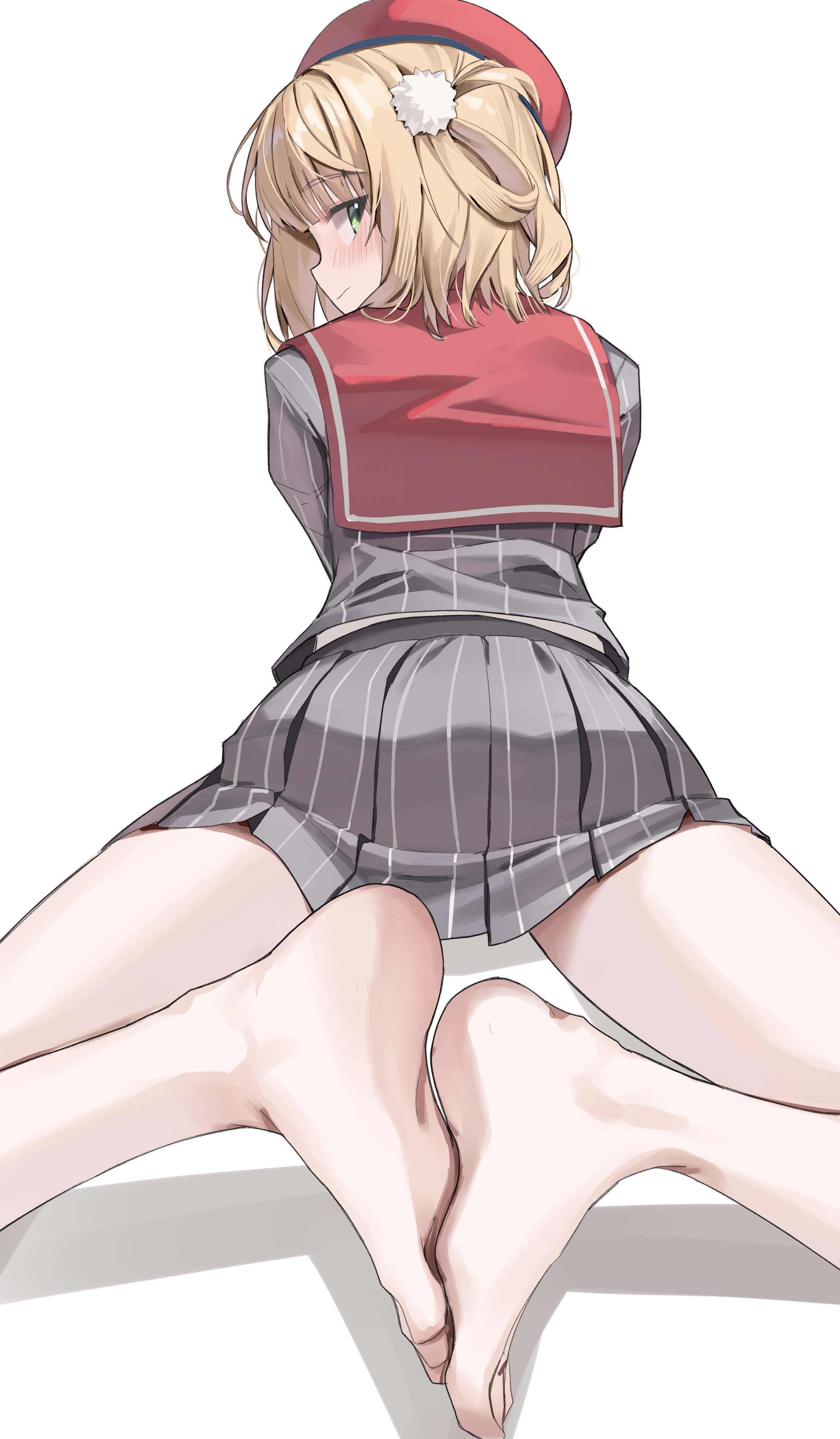 scarlet (wv0102), shigure ui (vtuber), shigure ui (vtuber) (1st costume), indie virtual youtuber, absurdres, highres, 1girl, ass, barefoot, beret, blonde hair, blunt bangs, closed mouth, from behind, green eyes, grey jacket, grey skirt, hair ornament, hair rings, hat, jacket, knees out of frame, light smile, long sleeves, looking at viewer, looking back, miniskirt, pinstripe jacket, pinstripe pattern, pinstripe skirt, pleated skirt, pom pom (clothes), pom pom hair ornament, red hat, red sailor collar, sailor collar, school uniform, short hair, shy, side up ring, simple background, skirt, sleeve cuffs, solo, virtual youtuber, white background