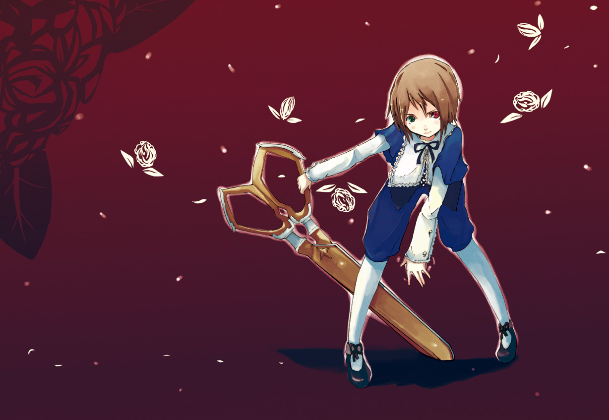 hrd, mary (ib), souseiseki, rozen maiden, white legwear, 00s, 1girl, androgynous, animal, blue dress, boots, bug, butterfly, collar, doll, dress, female focus, fighting stance, full body, heterochromia, holding, insect, long sleeves, looking at viewer, mary janes, pants, red background, scissors, shadow, shirt, shoes, short hair, simple background, solo, standing