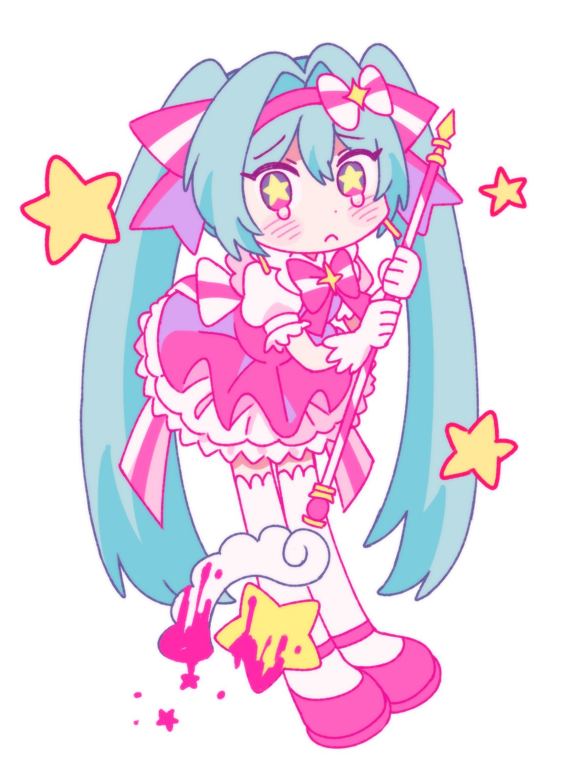 hatsune miku, vocaloid, highres, 1girl, :<, aqua eyes, aqua hair, back ribbon, blood, bloody weapon, blush, blush stickers, bow, bowtie, bubble skirt, collared shirt, colored lineart, danmi ( bunnycarrot), dress, frilled sleeves, frills, gloves, hair between eyes, hair intakes, hair ornament, hairband, headband, holding, holding staff, holding wand, ima sugu rinne (vocaloid), long hair, looking at viewer, mage staff, magical girl, mary janes, petticoat, pink bow, pink bowtie, pink dress, pink hairband, puffy sleeves, shirt, shoes, short sleeves, simple background, skirt, socks, solo, staff, star-shaped pupils, star (symbol), star wand, symbol-shaped pupils, tears, thighhighs, twintails, very long hair, wand, weapon, white background, white gloves