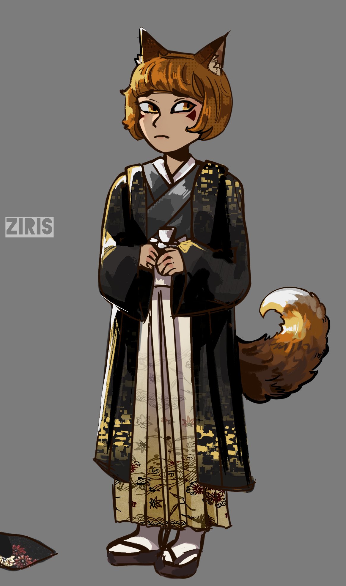 boyfriend to death, commentary, english commentary, highres, 1boy, 7ir1s, :/, animal ears, averting eyes, black robe, facial mark, facing viewer, fox ears, fox tail, full body, gold trim, grey background, grey kimono, japanese clothes, kemonomimi mode, kimono, male focus, own hands together, ren hana (boyfriend to death), robe, sandals, socks, solo, standing, tail, white socks