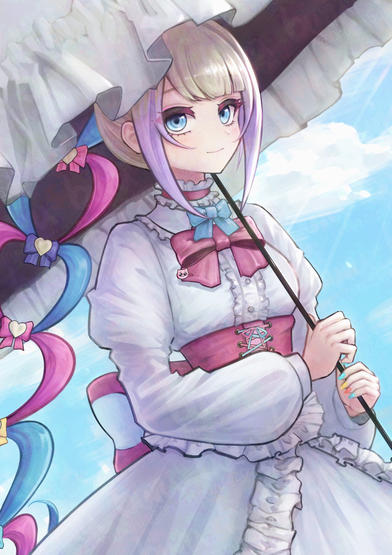 tomare (akashingou), chouzetsusaikawa tenshi-chan, comiket 106, needy girl overdose, commentary request, highres, 1girl, alternate costume, blonde hair, blue eyes, blue hair, blunt bangs, bow, bowtie, chest bow, collar, colored tips, corset, cowboy shot, day, dress, frilled collar, frilled dress, frills, hair bow, holding, holding umbrella, looking at viewer, multicolored hair, multicolored nails, multiple hair bows, outdoors, parasol, pink hair, sidelocks, smile, solo, twintails, umbrella, white dress