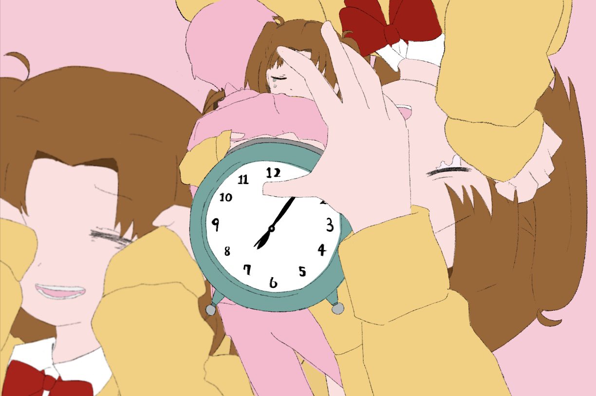 tohno shiki, yumizuka satsuki, kyu-kurarin (cevio), tsukihime, 00 myoo, 1boy, 1girl, alarm clock, bow, brown hair, clock, closed eyes, collared shirt, crying, forced smile, hug, long hair, long sleeves, multiple girls, open mouth, pink background, red bow, school uniform, shirt, short hair, sleeves past wrists, smile, sweater, tears, two side up, white shirt, wiping tears, yellow sweater