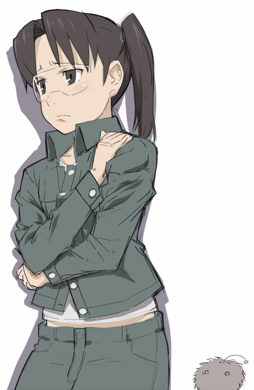 amasawa yuuko, mojo (dennou coil), dennou coil, uniform, 00s, 1girl, buttons, creature, female focus, glasses, green jacket, green skirt, jacket, long sleeves, pond, rimless eyewear, self hug, short hair, simple background, skirt, solo, twintails, white background