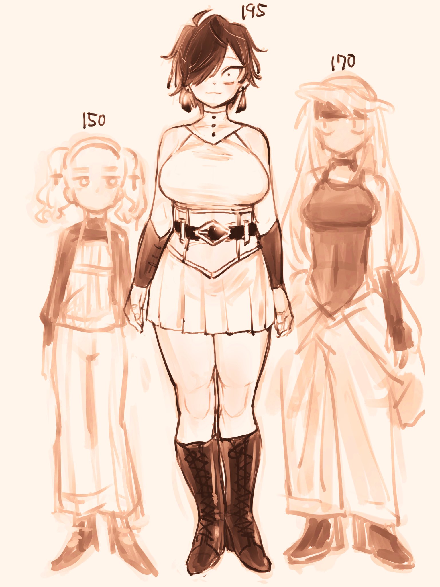 eisu (eith), berit (eisu), harsha (eisu), original, highres, 3girls, breasts, height chart, height difference, large breasts, long hair, medium hair, multiple girls, pleated skirt, sepia, short hair, silk (eisu), simple background, sketch, skirt, tall female, thick thighs, thighs, twintails, white background, witch