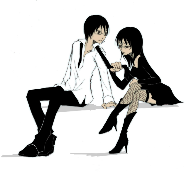 harakawa tamako, nekome sousuke, dennou coil, 00s, 1boy, 1girl, black hair, clothes grab, fishnet thighhighs, fishnets, formal clothes, glasses, necktie, necktie grab, neckwear grab, thighhighs