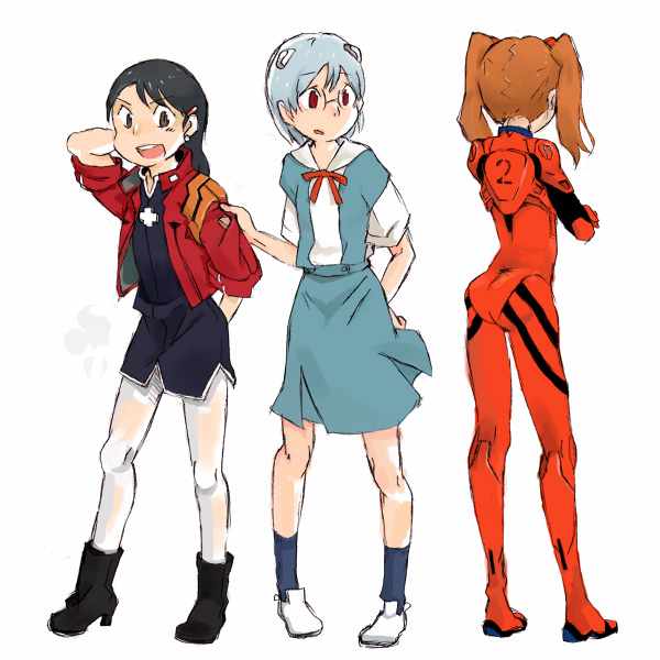 hachipuko (hachi888), amasawa yuuko, ayanami rei, hashimoto fumie, katsuragi misato, okonogi yuuko, souryuu asuka langley, dennou coil, neon genesis evangelion, white legwear, 3girls, ayanami rei (cosplay), blouse, boots, cosplay, cross, earrings, from side, full body, greek cross, hand on own hip, high heel boots, high heels, interface headset (evangelion), jewelry, katsuragi misato (cosplay), kneepits, mecha pilot suit, miniskirt, multiple girls, necklace, pantyhose, parody, parted bangs, plugsuit (evangelion), school uniform, serafuku, shirt, simple background, skirt, sleeves rolled up, socks, souryuu asuka langley (cosplay), standing, stud earrings, suspender skirt, suspenders, teeth, upper teeth only, white background, white shirt
