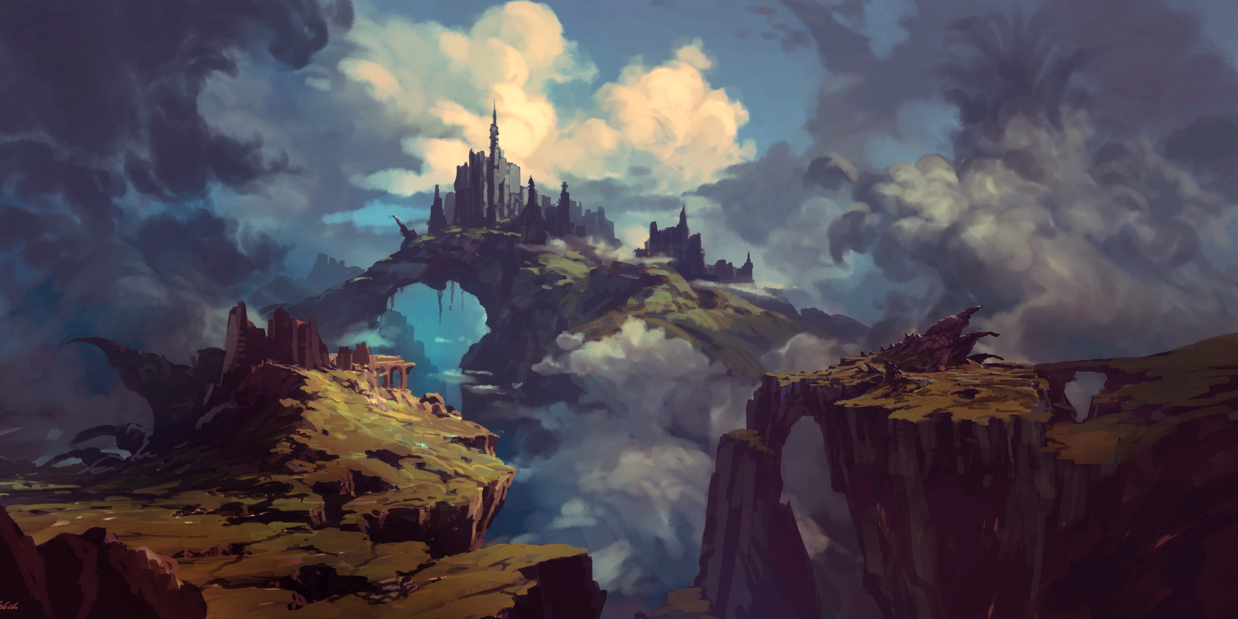 philipp urlich, original, absurdres, highres, arch, blue sky, cliff, cloud, cloudy sky, dark cloud, landscape, no humans, scenery, sky